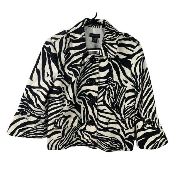 Rafaella Jackets & Blazers - Rafaella Womens Black Zebra Animal Print Jacket Size Large 3/4 Length Sleeve Cot